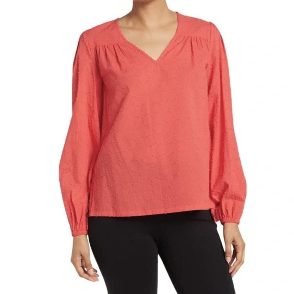 NWT Toccin Boho Hibiscus V-Neck Oversized Puff Sleeve Swiss Dot Textured Blouse